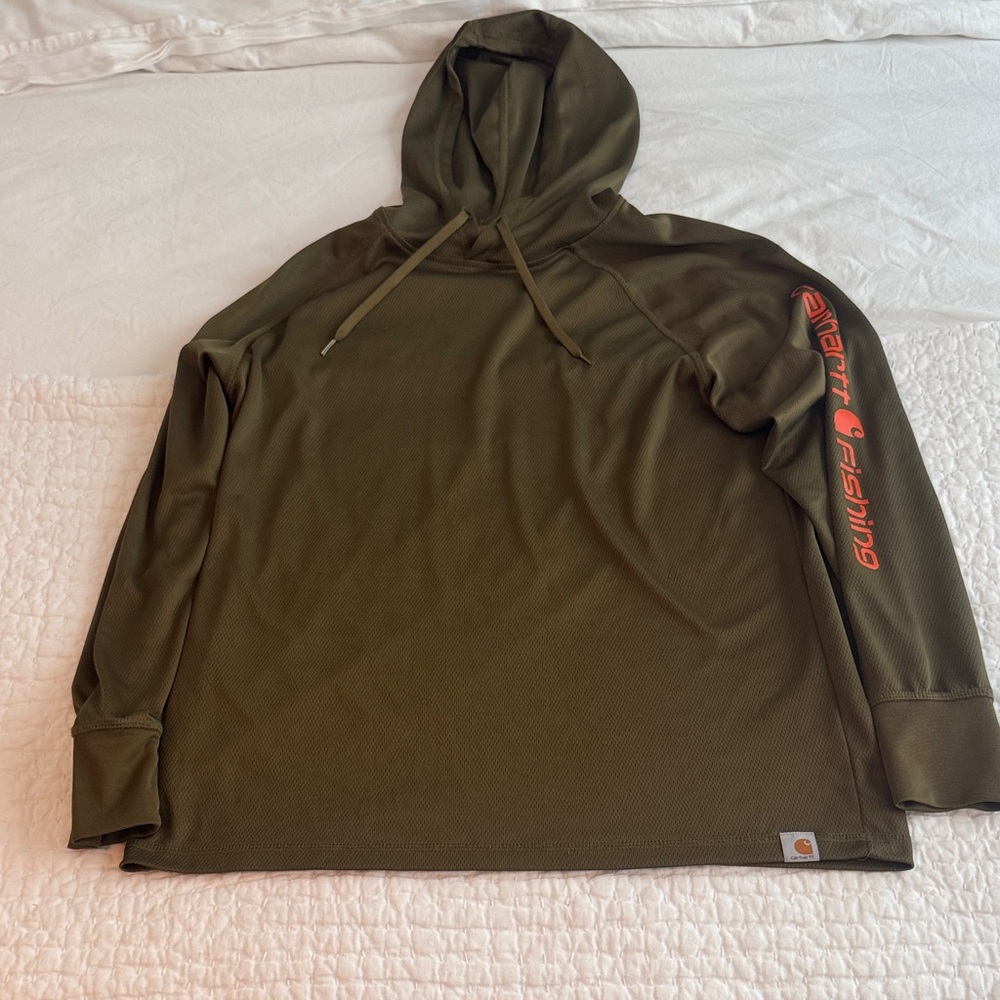 Carhartt Olive Hoodie with Vibrant Orange Sleeve Design